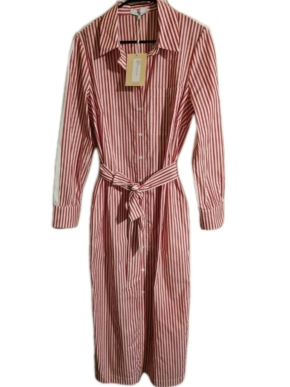 NWT Pearl by Lela Rose Red Stripe Shirt Dress Tie Waist Pockets Cotton Size L
